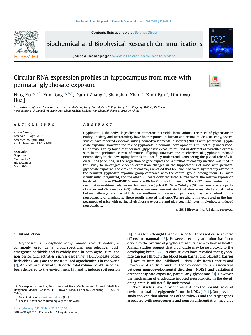 Circular RNA expression profiles in hippocampus from mice with perinatal glyphosate exposure