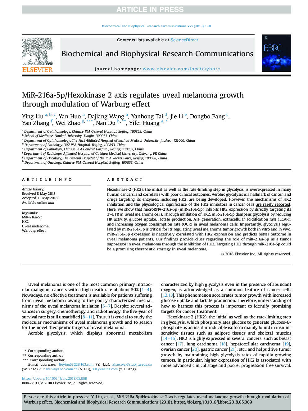 MiR-216a-5p/Hexokinase 2 axis regulates uveal melanoma growth through modulation of Warburg effect