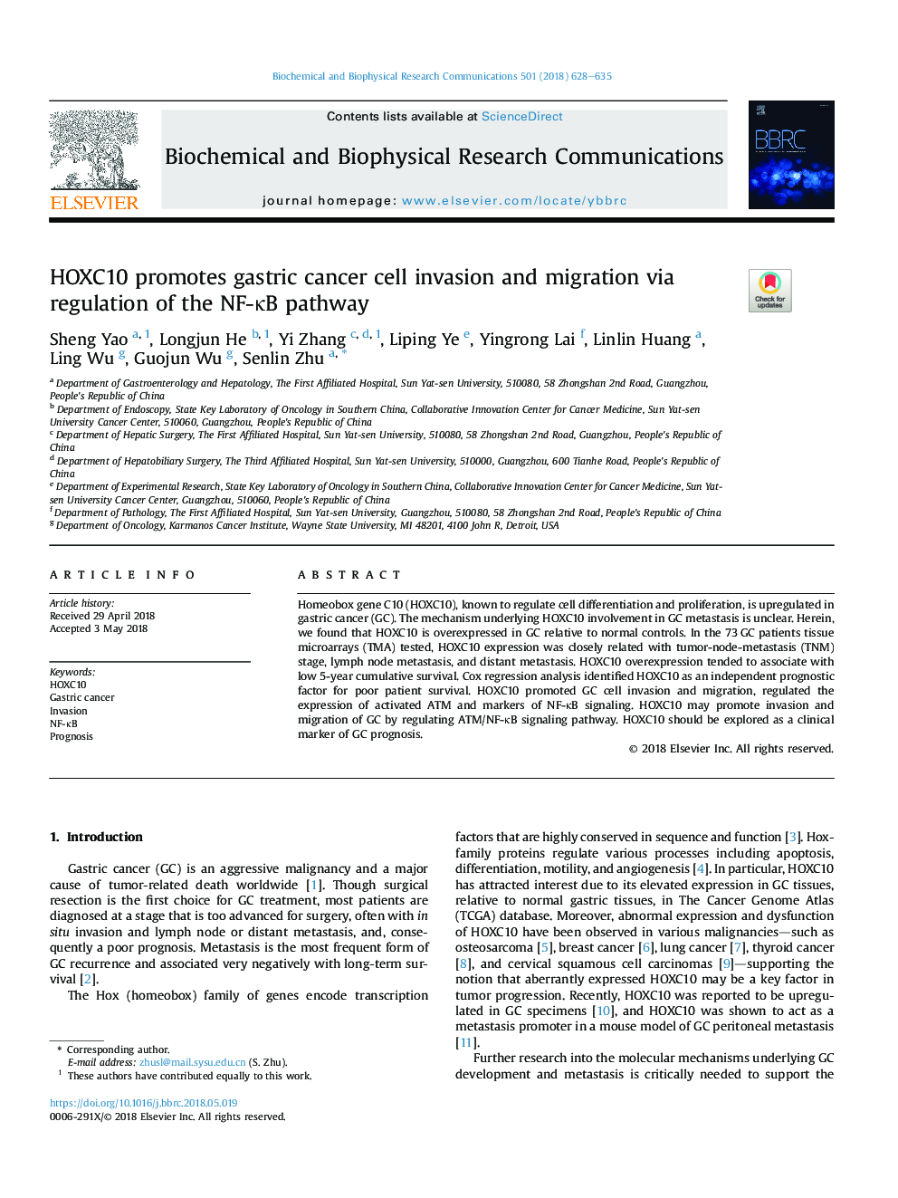 HOXC10 promotes gastric cancer cell invasion and migration via regulation of the NF-ÎºB pathway