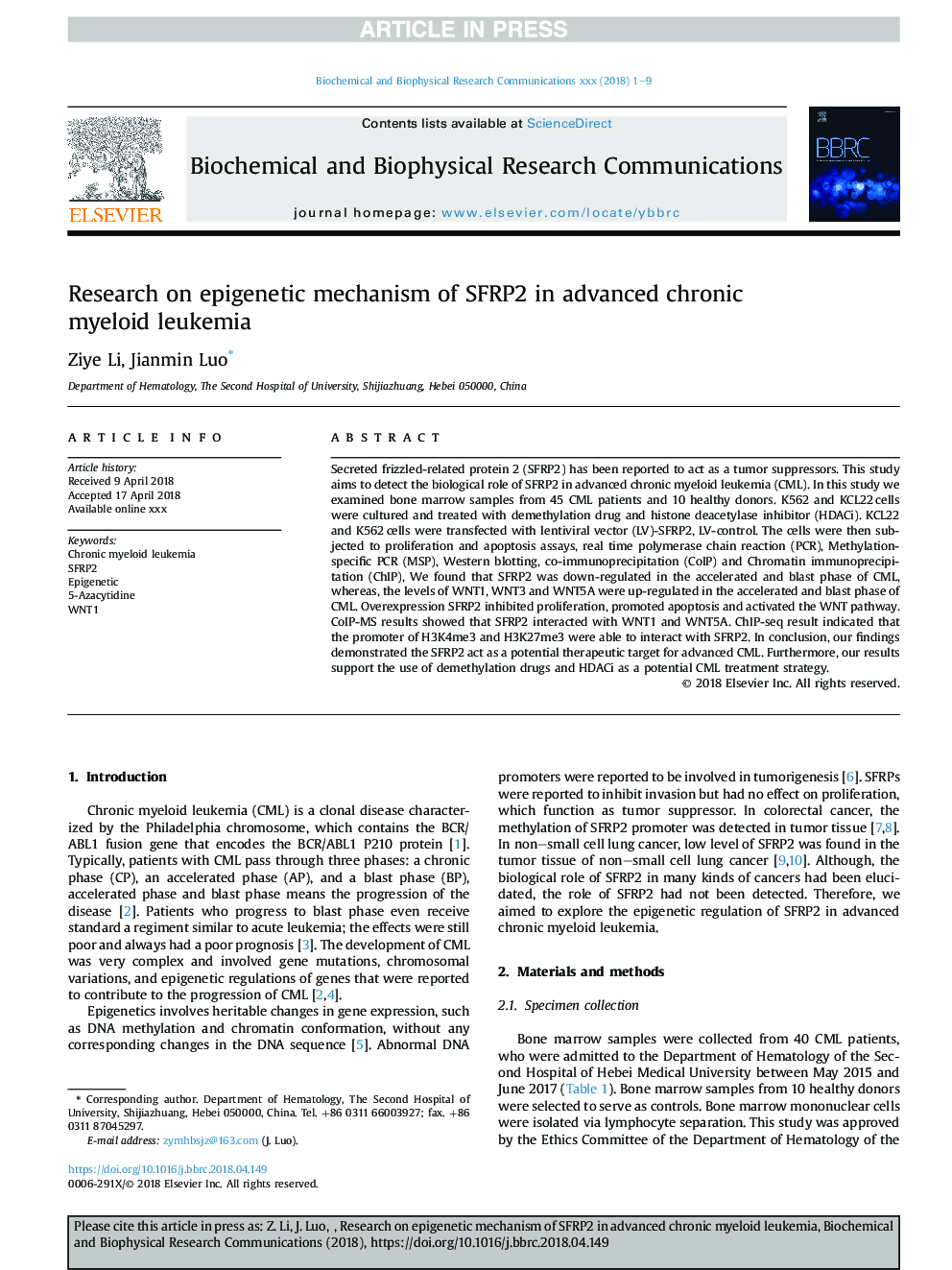 Research on epigenetic mechanism of SFRP2 in advanced chronic myeloid leukemia