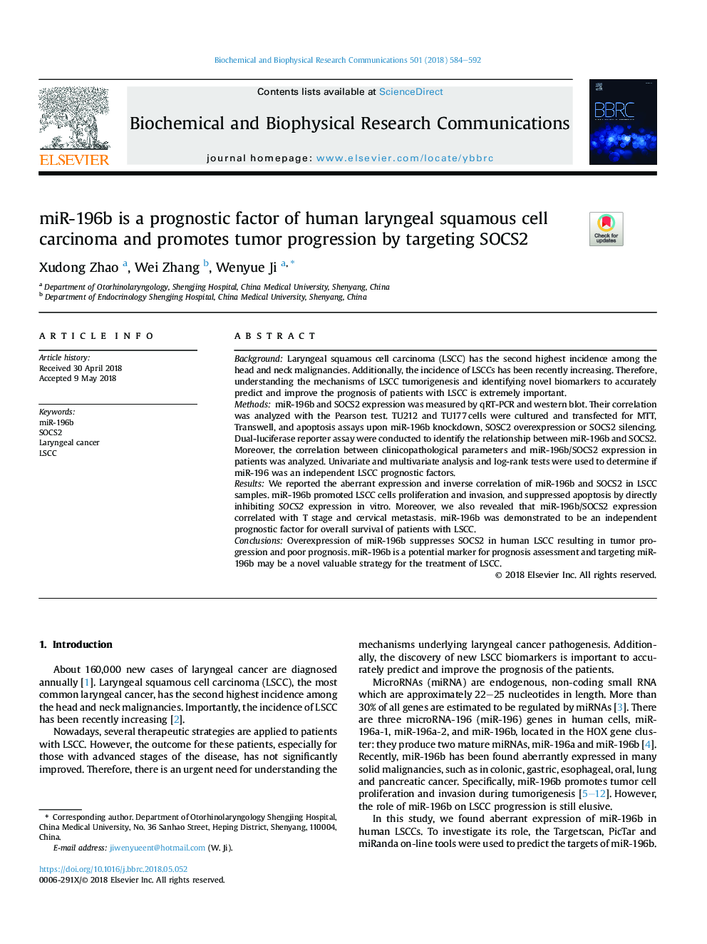 miR-196b is a prognostic factor of human laryngeal squamous cell carcinoma and promotes tumor progression by targeting SOCS2