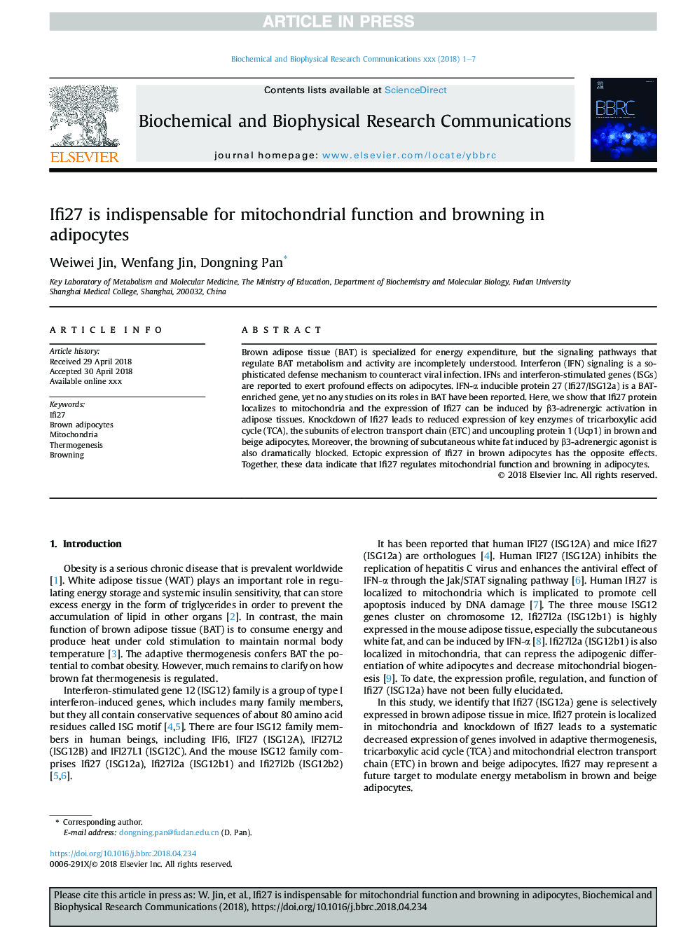 Ifi27 is indispensable for mitochondrial function and browning in adipocytes