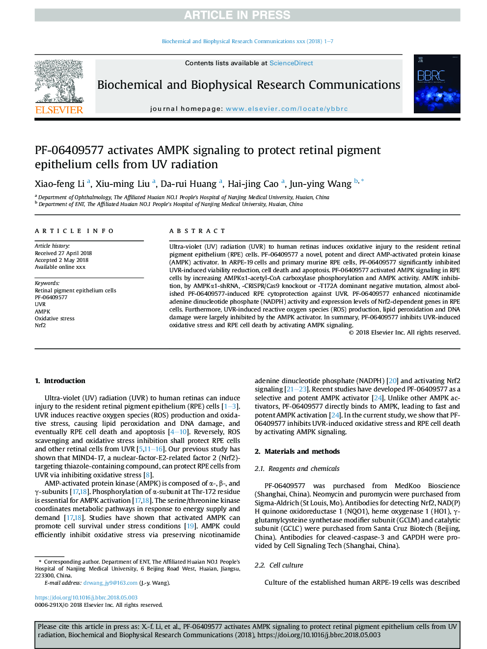 PF-06409577 activates AMPK signaling to protect retinal pigment epithelium cells from UV radiation