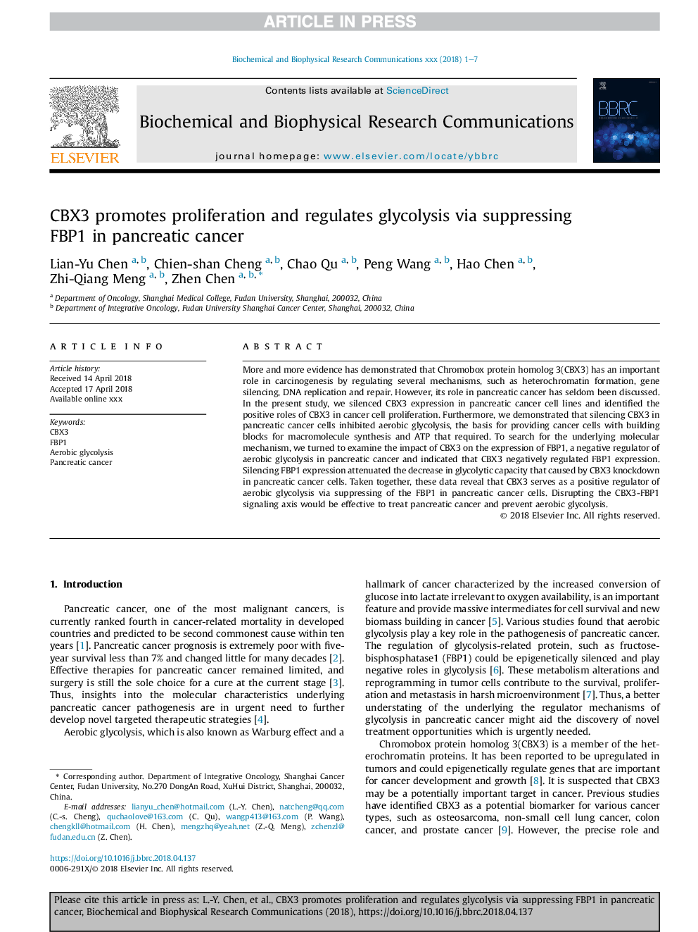 CBX3 promotes proliferation and regulates glycolysis via suppressing FBP1 in pancreatic cancer