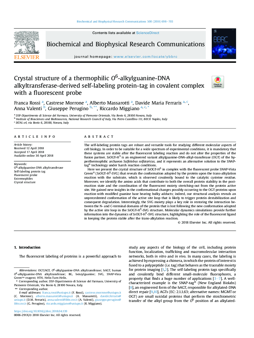 Crystal structure of a thermophilic O6-alkylguanine-DNA alkyltransferase-derived self-labeling protein-tag in covalent complex with a fluorescent probe