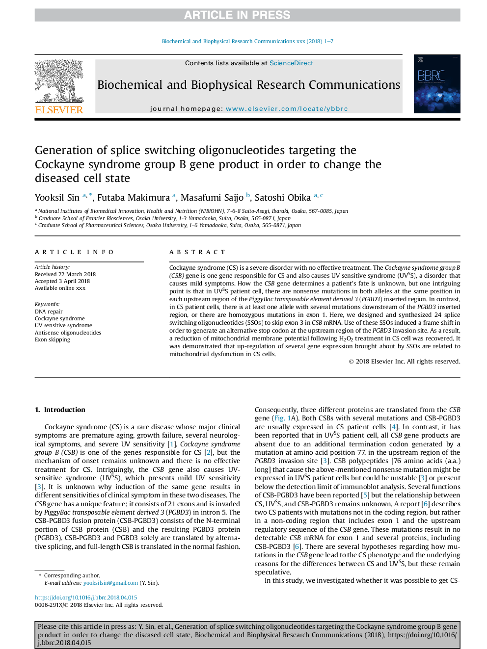 Generation of splice switching oligonucleotides targeting the Cockayne syndrome group B gene product in order to change the diseased cell state