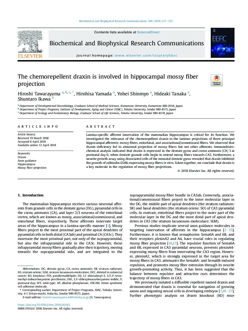 The chemorepellent draxin is involved in hippocampal mossy fiber projection