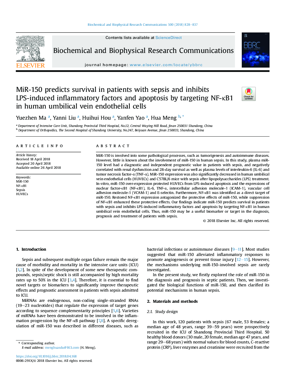 MiR-150 predicts survival in patients with sepsis and inhibits LPS-induced inflammatory factors and apoptosis by targeting NF-ÎºB1 in human umbilical vein endothelial cells