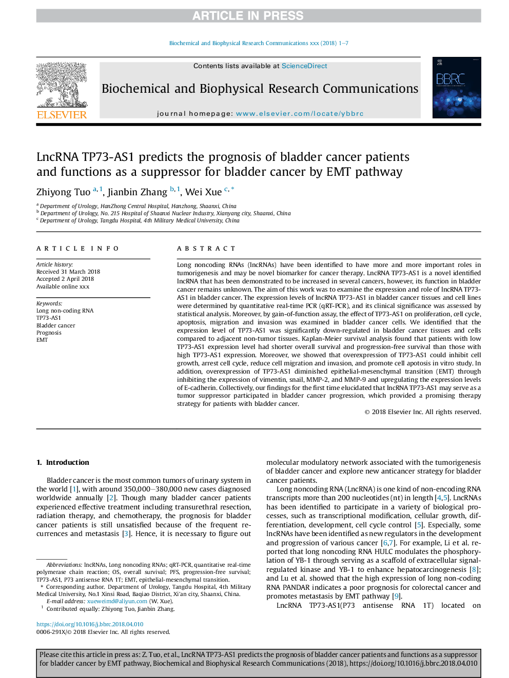 LncRNA TP73-AS1 predicts the prognosis of bladder cancer patients and functions as a suppressor for bladder cancer by EMT pathway