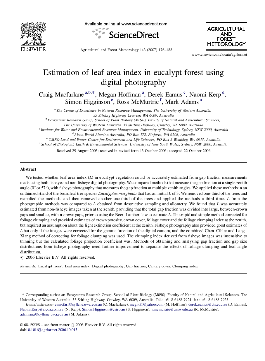 عکس صفحه اول مقاله: Estimation of leaf area index in eucalypt forest using digital photography Estimation of leaf area index in eucalypt forest using digital photography