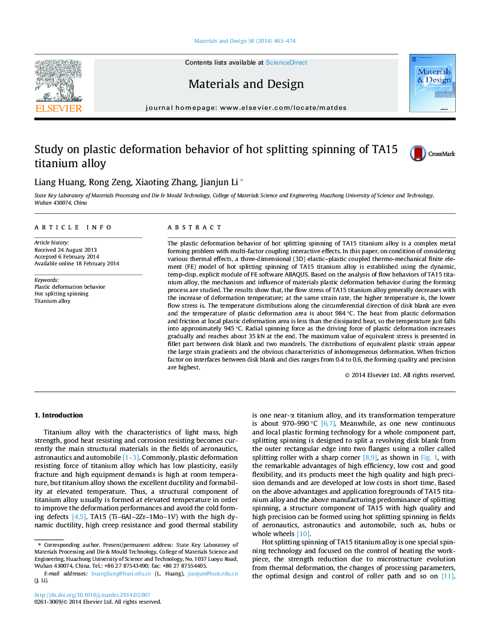 Study on plastic deformation behavior of hot splitting spinning of TA15 titanium alloy