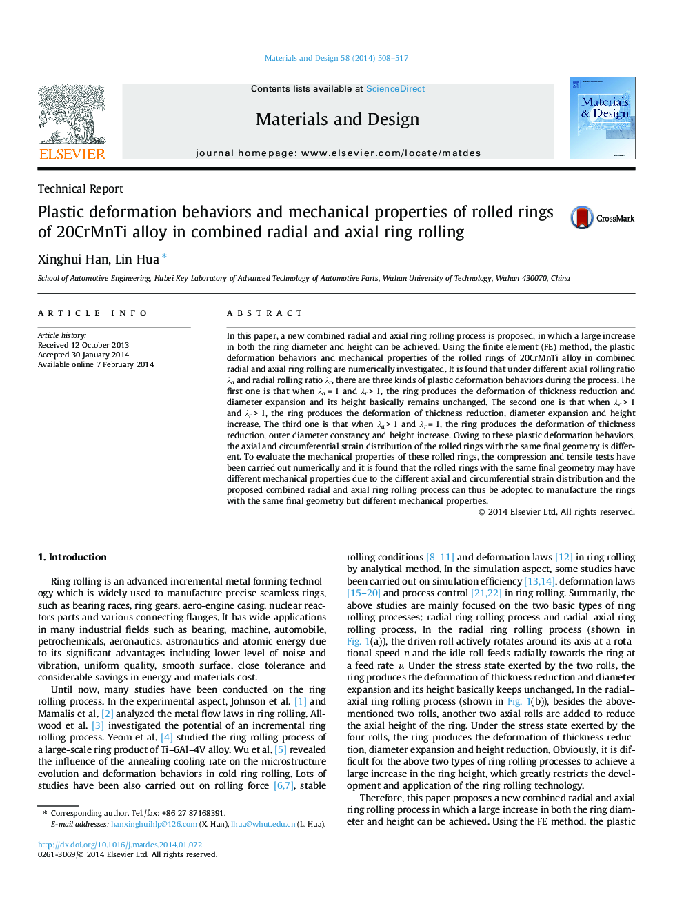 Plastic deformation behaviors and mechanical properties of rolled rings of 20CrMnTi alloy in combined radial and axial ring rolling