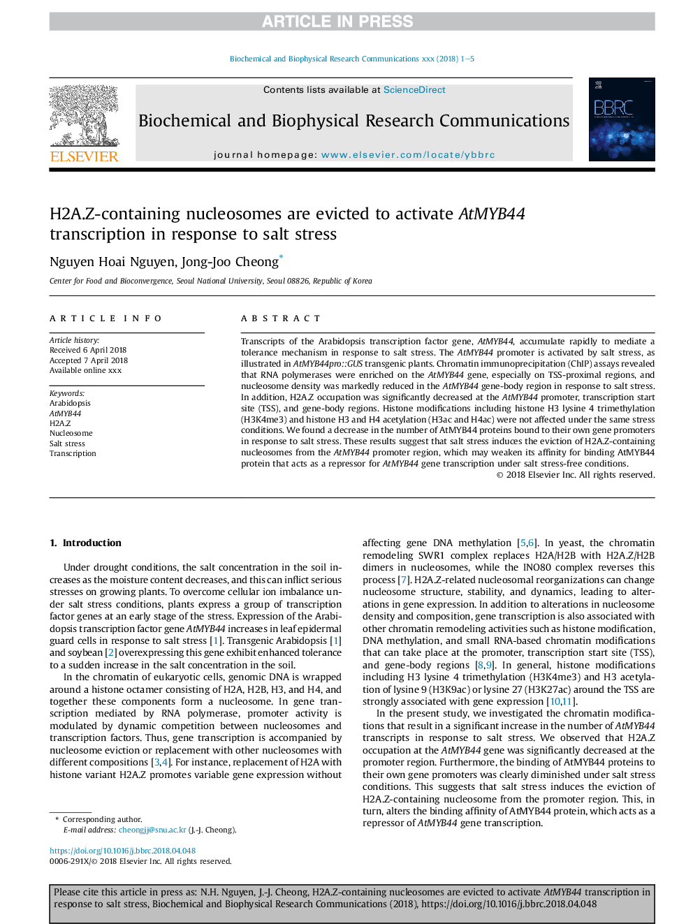 عکس صفحه اول مقاله: H2A.Z-containing nucleosomes are evicted to activate AtMYB44 transcription in response to salt stress H2A.Z-containing nucleosomes are evicted to activate AtMYB44 transcription in response to salt stress