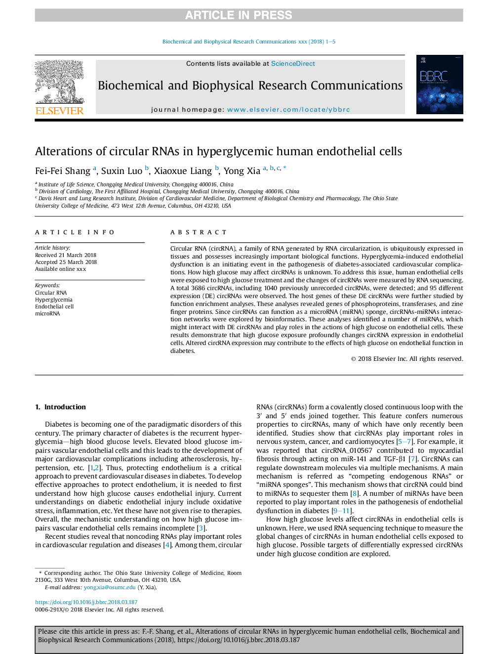 Alterations of circular RNAs in hyperglycemic human endothelial cells