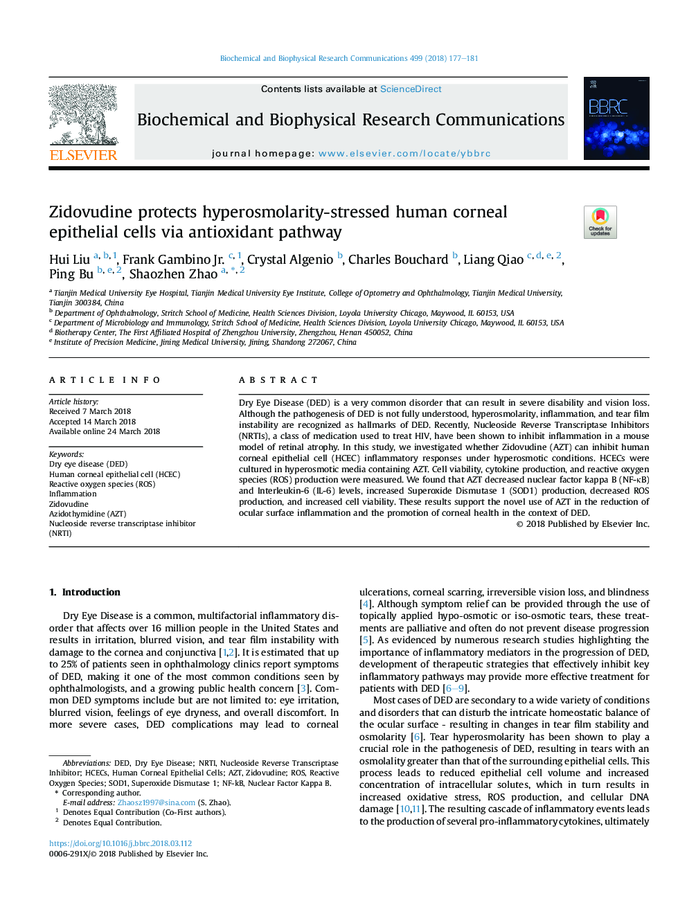 Zidovudine protects hyperosmolarity-stressed human corneal epithelial cells via antioxidant pathway