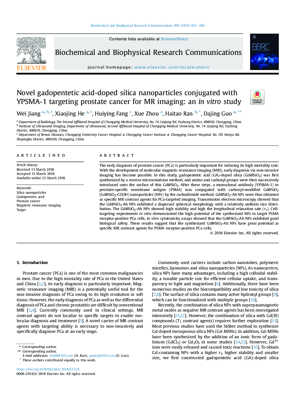 Novel gadopentetic acid-doped silica nanoparticles conjugated with YPSMA-1 targeting prostate cancer for MR imaging: an inÂ vitro study