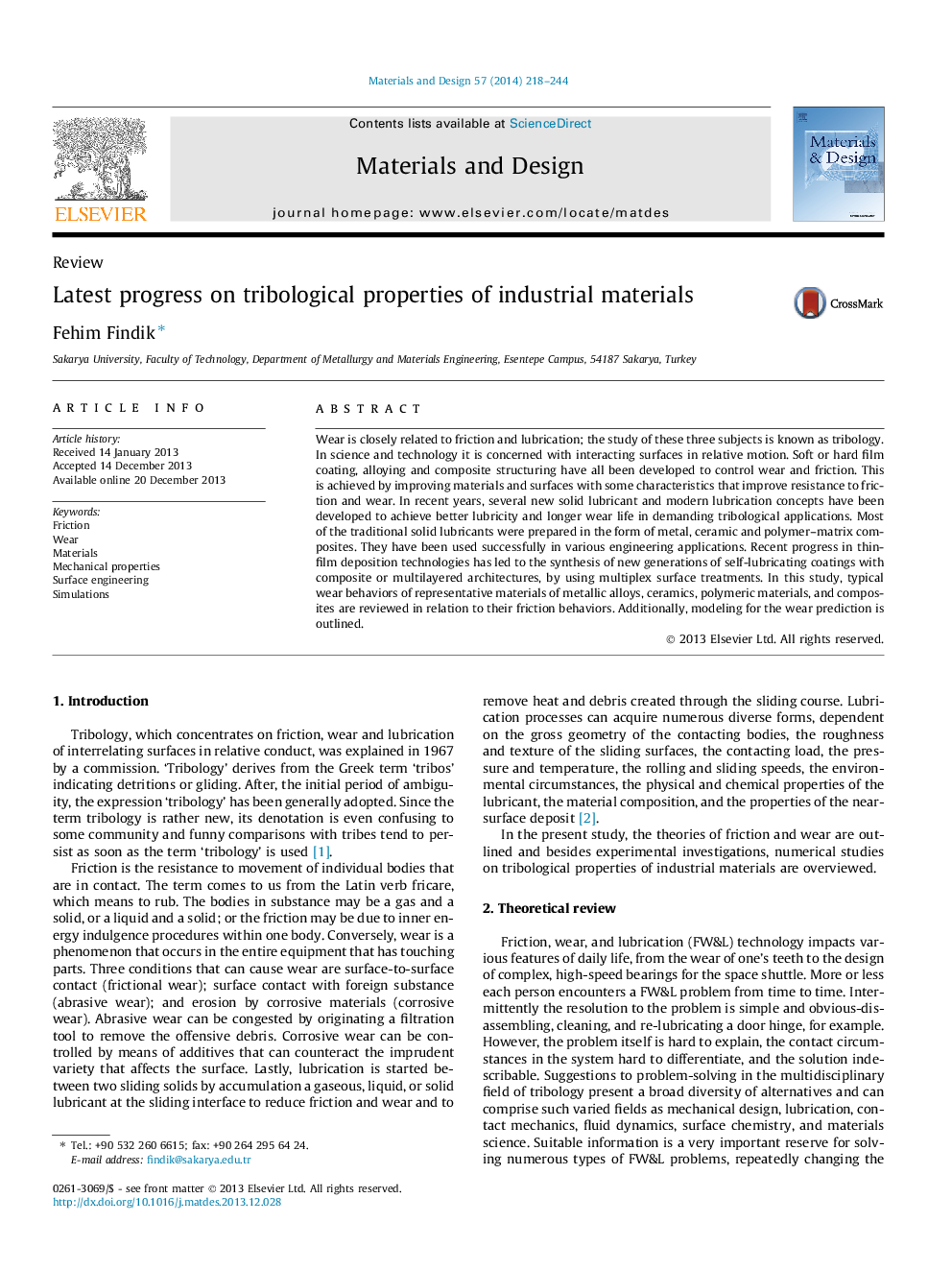 Latest progress on tribological properties of industrial materials