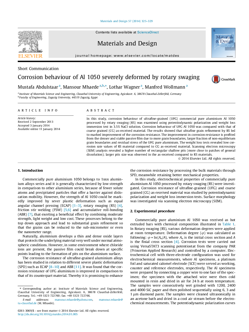 Corrosion behaviour of Al 1050 severely deformed by rotary swaging