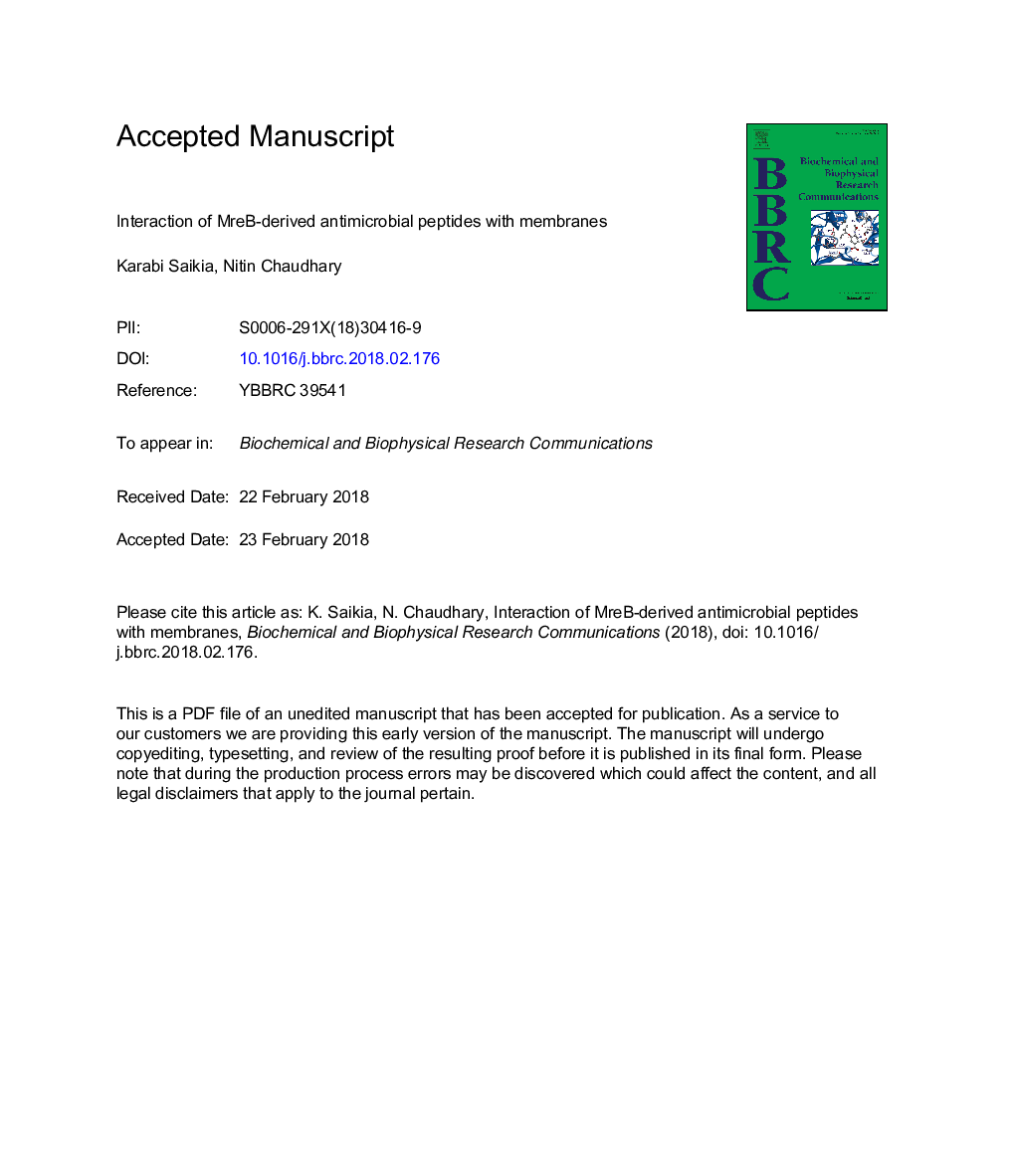 Interaction of MreB-derived antimicrobial peptides with membranes