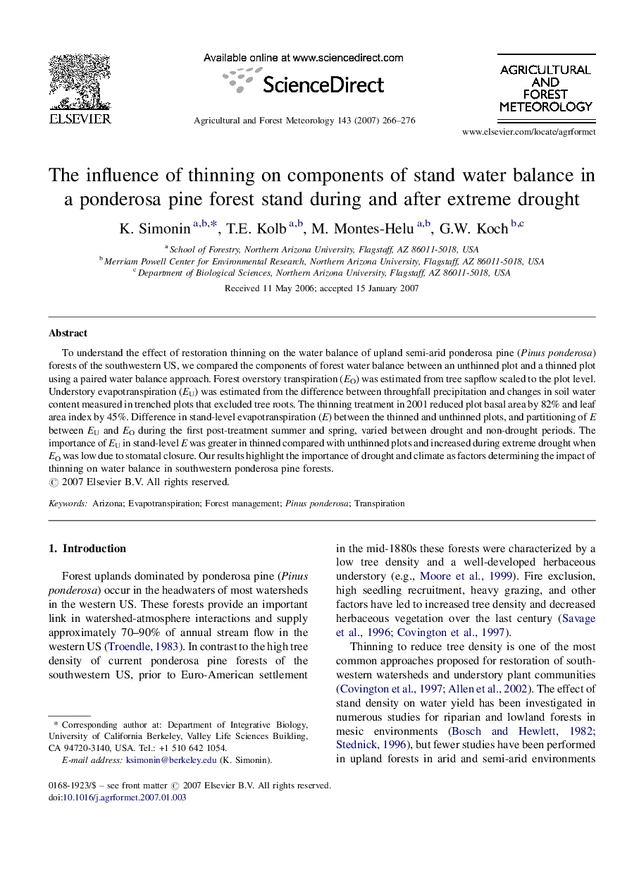 The influence of thinning on components of stand water balance in a ponderosa pine forest stand during and after extreme drought
