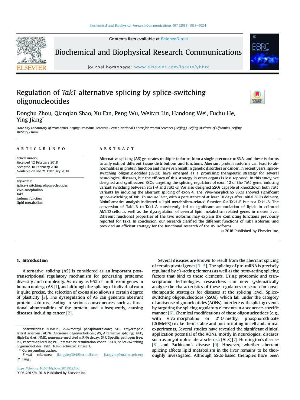 Regulation of Tak1 alternative splicing by splice-switching oligonucleotides