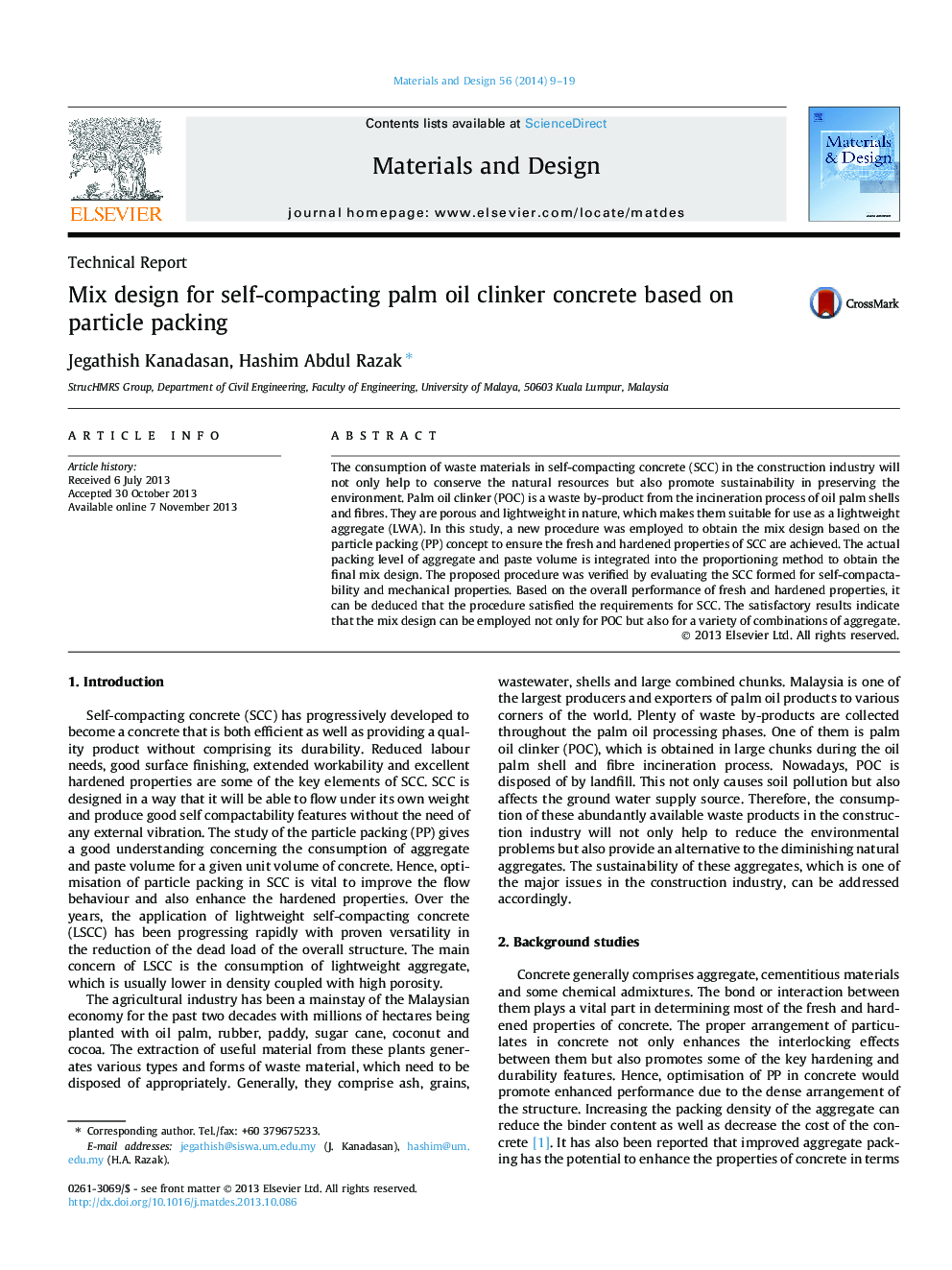 Mix design for self-compacting palm oil clinker concrete based on particle packing