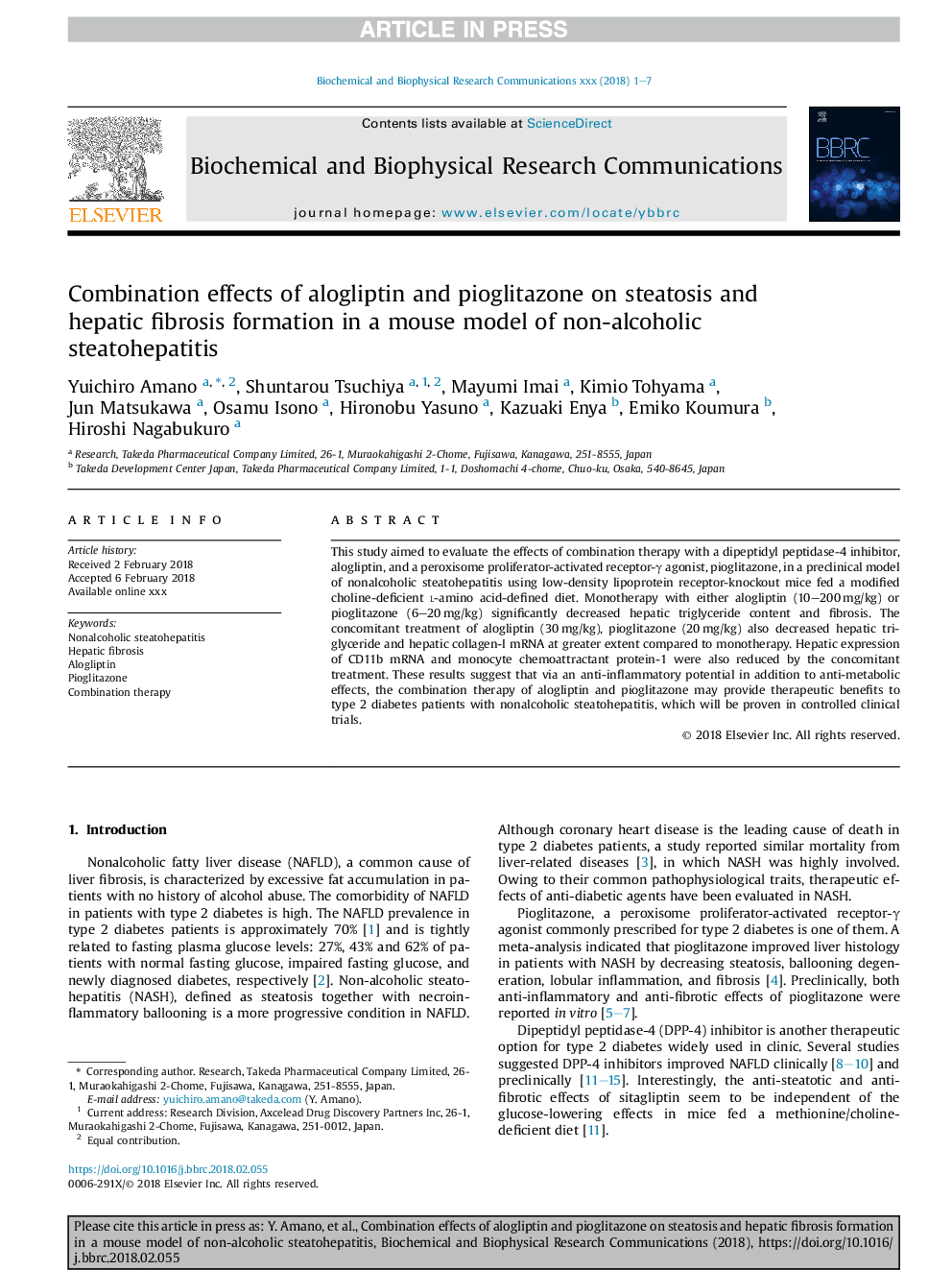 Combination effects of alogliptin and pioglitazone on steatosis and hepatic fibrosis formation in a mouse model of non-alcoholic steatohepatitis