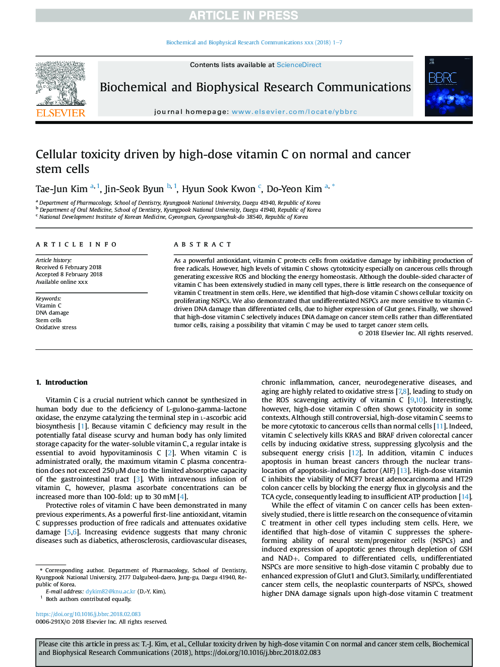 Cellular toxicity driven by high-dose vitamin C on normal and cancer stem cells