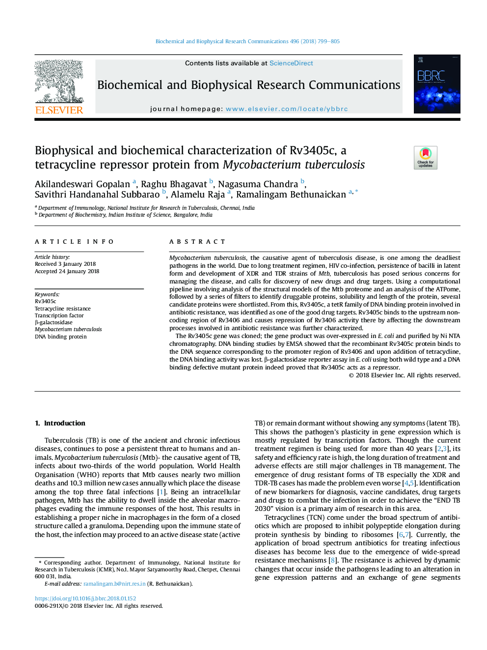 Biophysical and biochemical characterization of Rv3405c, a tetracycline repressor protein from Mycobacterium tuberculosis