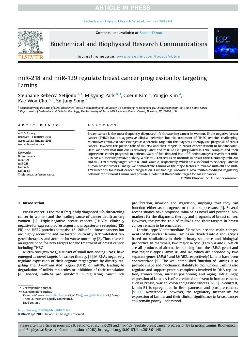 miR-218 and miR-129 regulate breast cancer progression by targeting Lamins