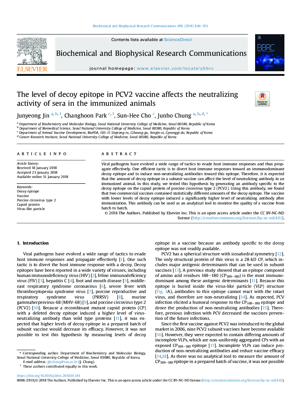 The level of decoy epitope in PCV2 vaccine affects the neutralizing activity of sera in the immunized animals