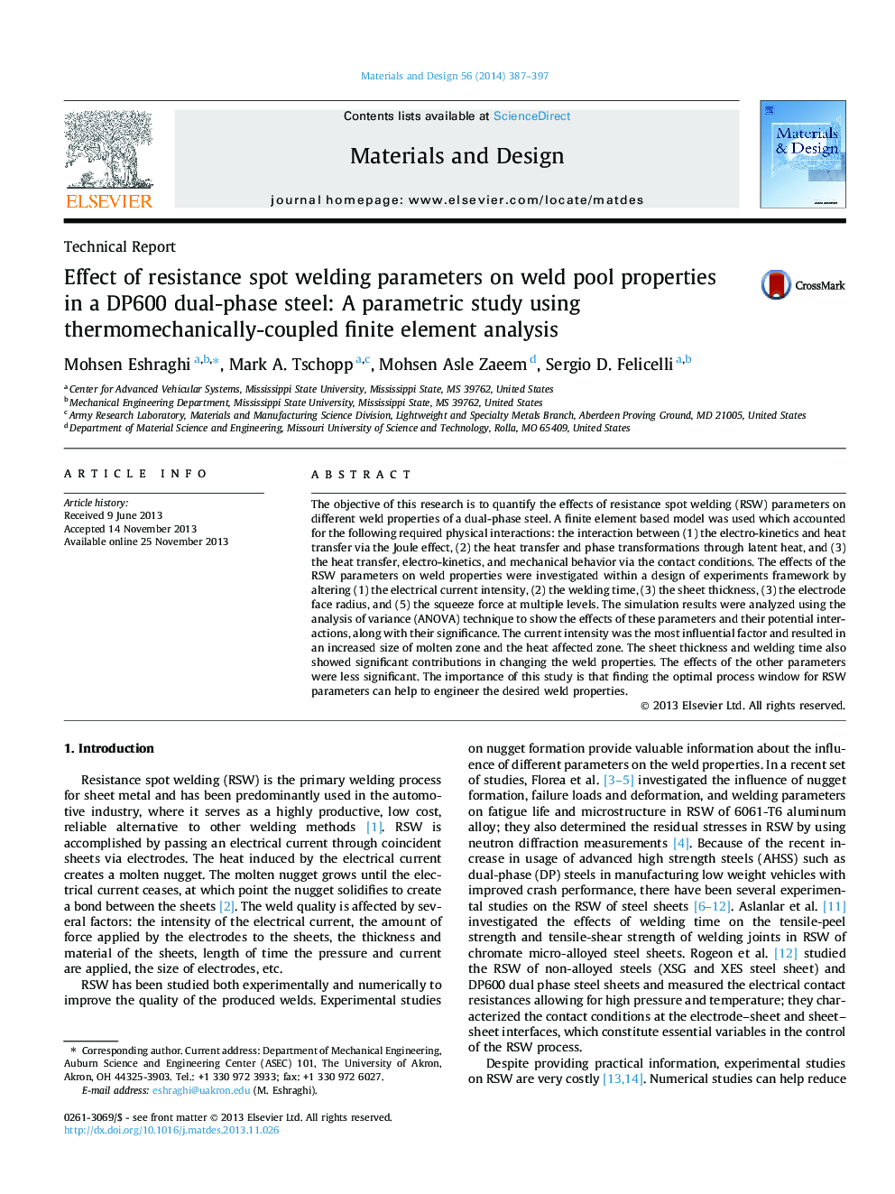 Effect of resistance spot welding parameters on weld pool properties in a DP600 dual-phase steel: A parametric study using thermomechanically-coupled finite element analysis