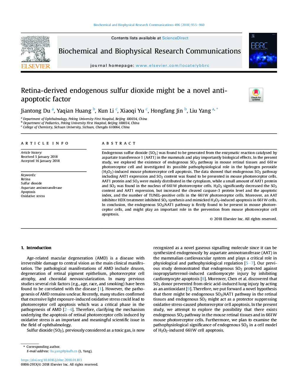 Retina-derived endogenous sulfur dioxide might be a novel anti-apoptotic factor