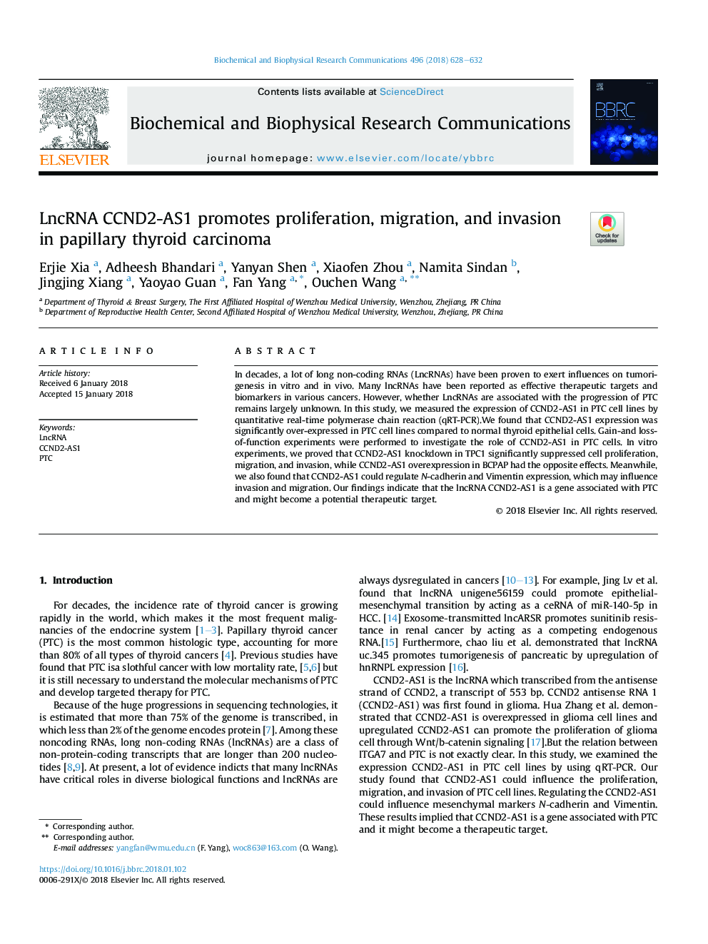 LncRNA CCND2-AS1 promotes proliferation, migration, and invasion in papillary thyroid carcinoma