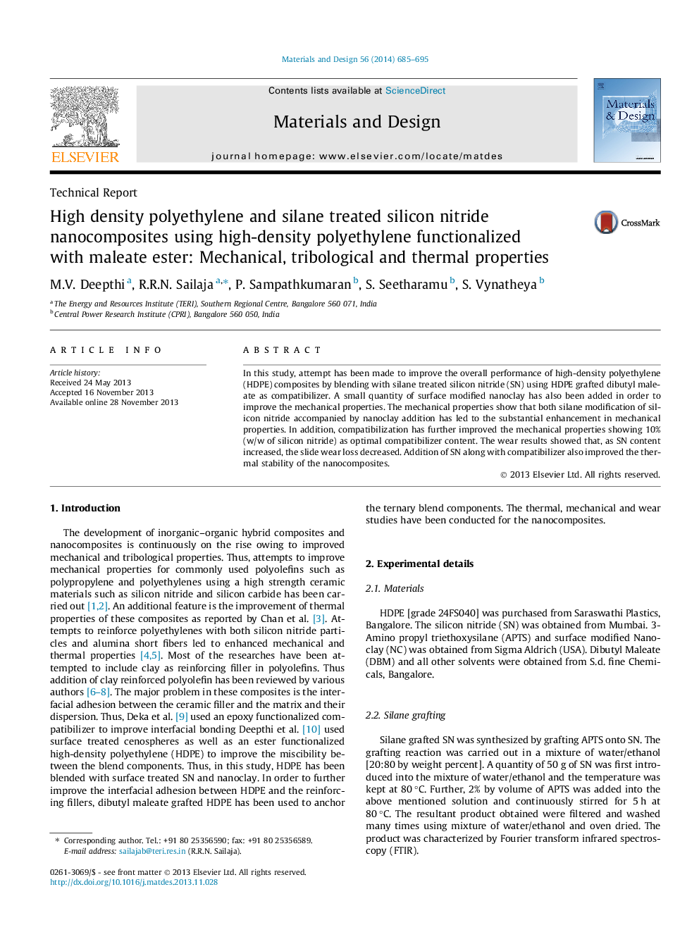 High density polyethylene and silane treated silicon nitride nanocomposites using high-density polyethylene functionalized with maleate ester: Mechanical, tribological and thermal properties