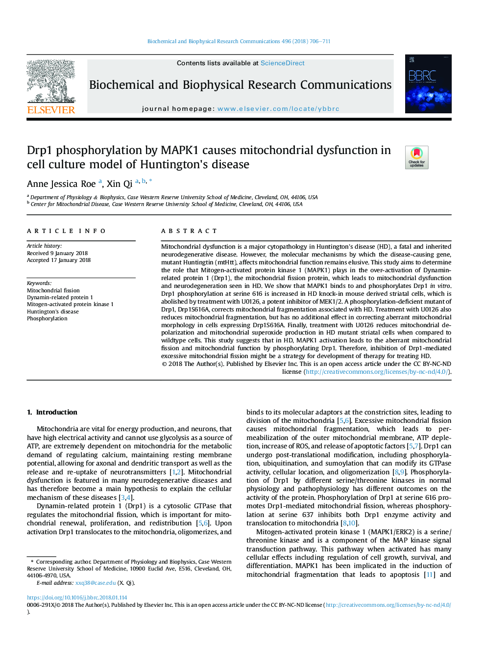 Drp1 phosphorylation by MAPK1 causes mitochondrial dysfunction in cell culture model of Huntington's disease