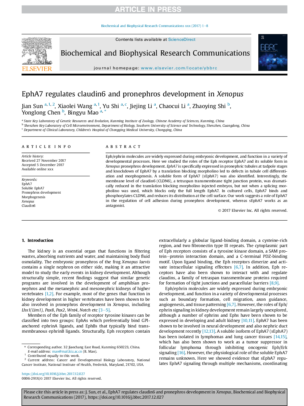 EphA7 regulates claudin6 and pronephros development in Xenopus