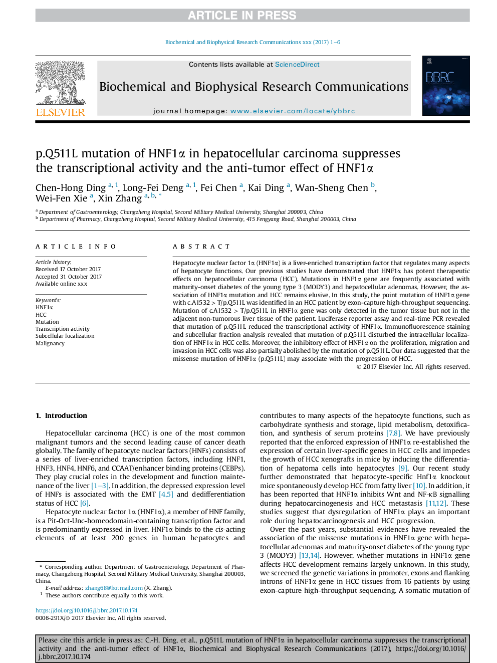 p.Q511L mutation of HNF1Î± in hepatocellular carcinoma suppresses the transcriptional activity and the anti-tumor effect of HNF1Î±