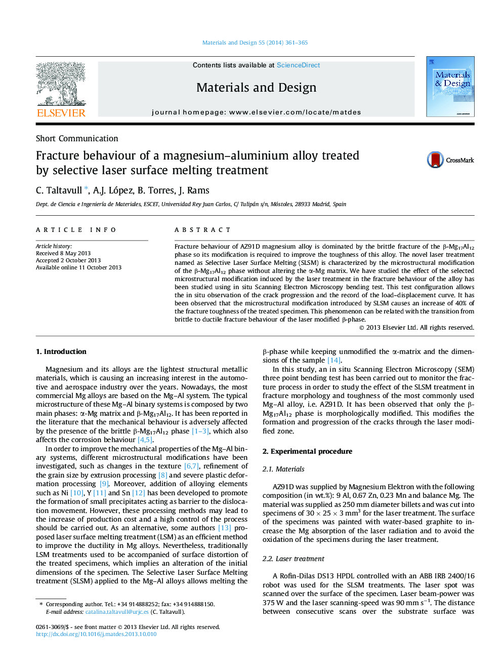 Fracture behaviour of a magnesium–aluminium alloy treated by selective laser surface melting treatment