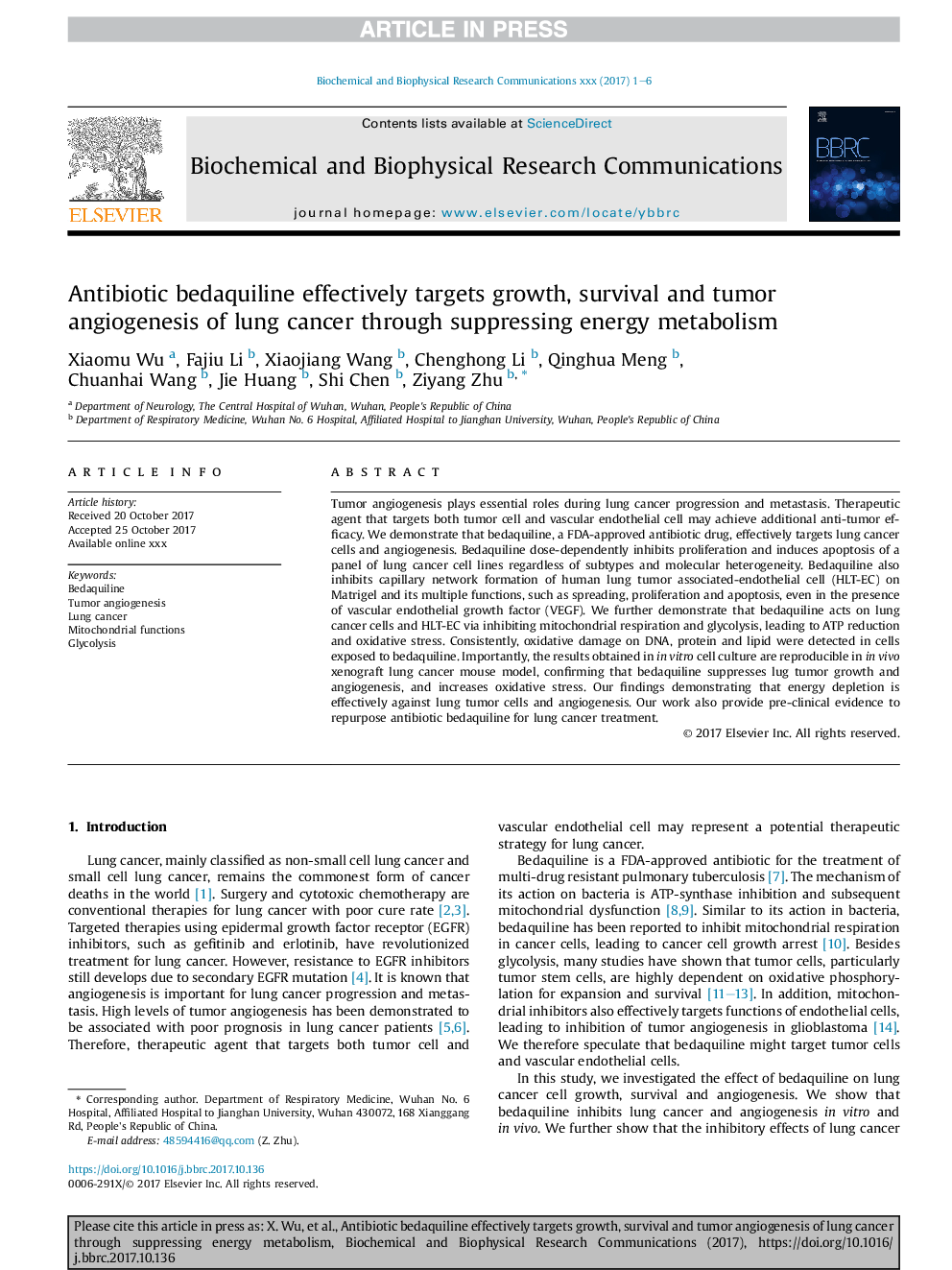 Antibiotic bedaquiline effectively targets growth, survival and tumor angiogenesis of lung cancer through suppressing energy metabolism