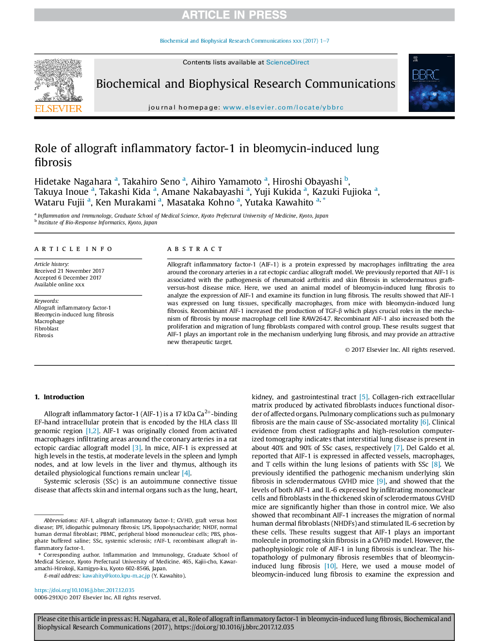 Role of allograft inflammatory factor-1 in bleomycin-induced lung fibrosis