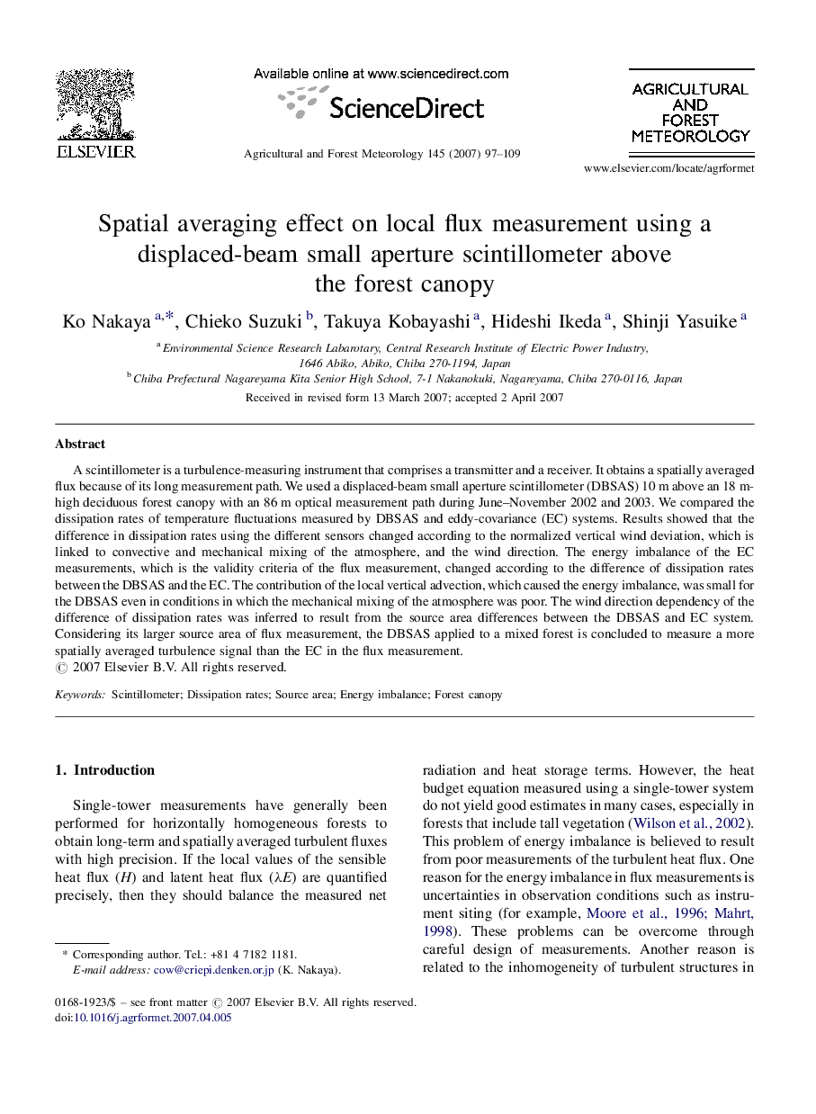 Spatial averaging effect on local flux measurement using a displaced-beam small aperture scintillometer above the forest canopy