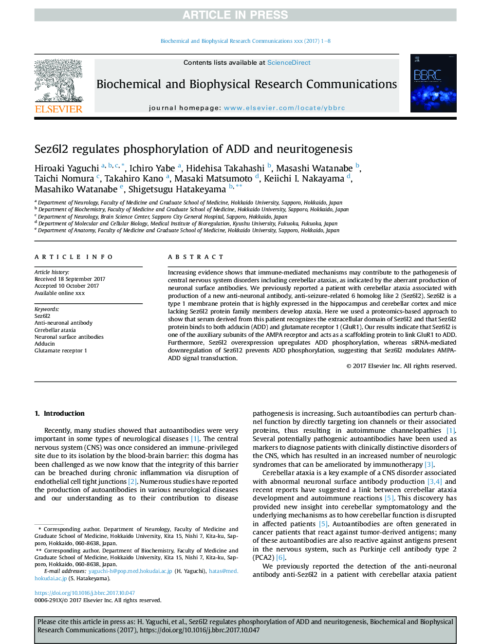 Sez6l2 regulates phosphorylation of ADD and neuritogenesis