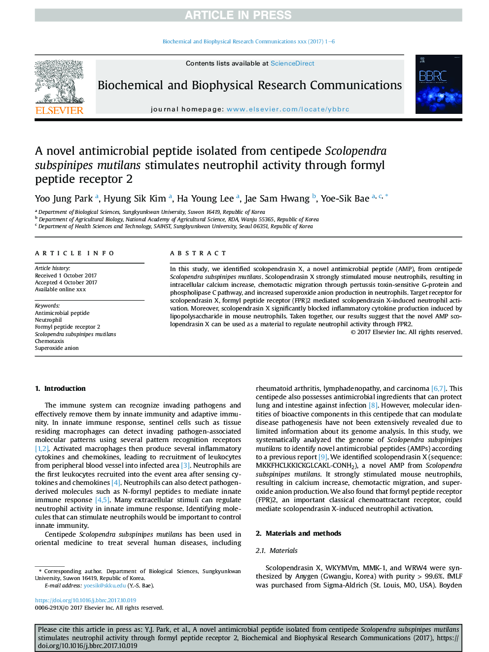 A novel antimicrobial peptide isolated from centipede Scolopendra subspinipes mutilans stimulates neutrophil activity through formyl peptide receptor 2