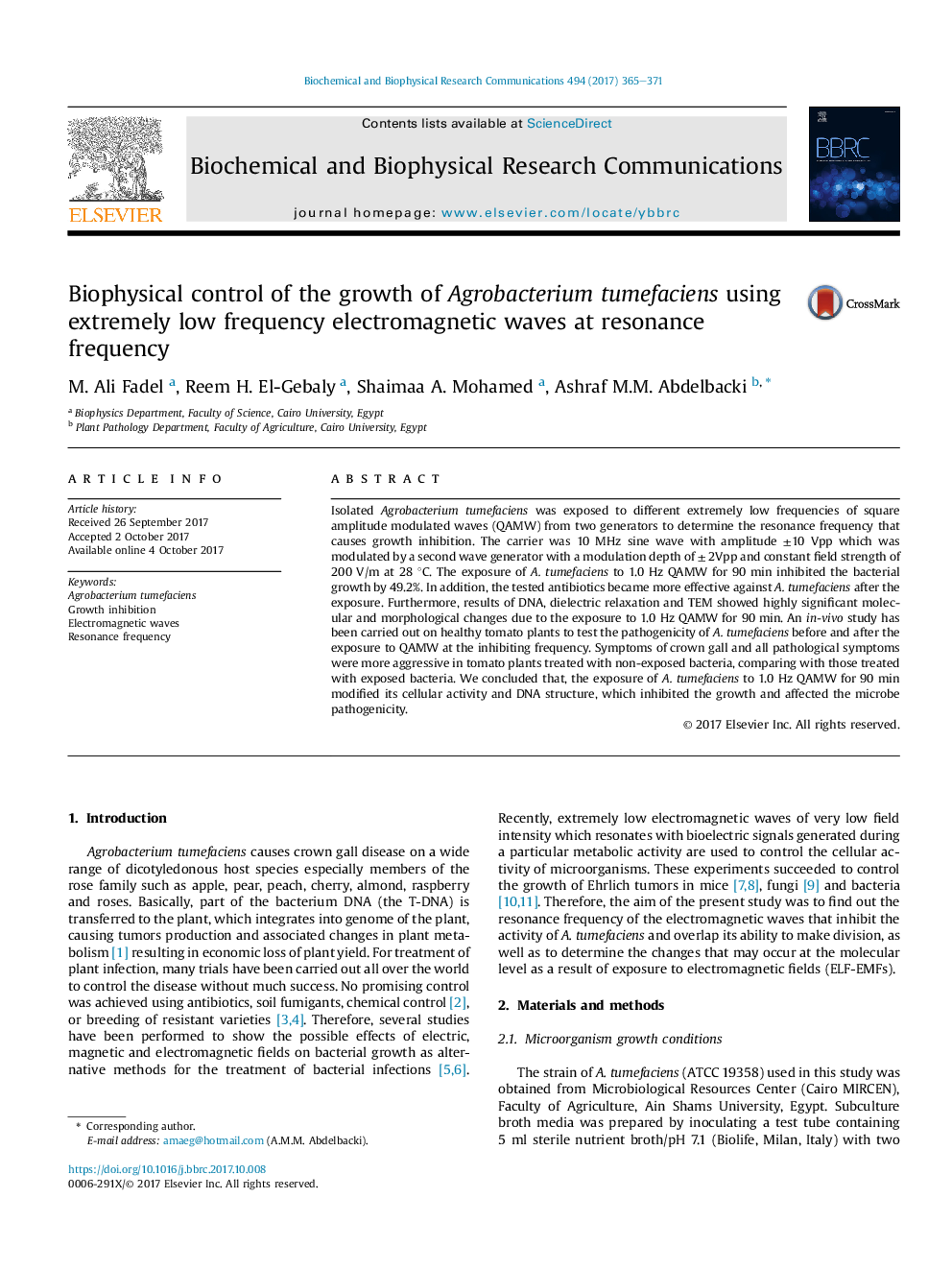 Biophysical control of the growth of Agrobacterium tumefaciens using extremely low frequency electromagnetic waves at resonance frequency