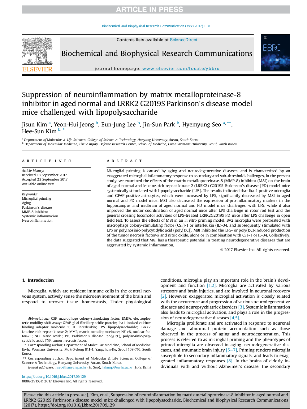 Suppression of neuroinflammation by matrix metalloproteinase-8 inhibitor in aged normal and LRRK2 G2019S Parkinson's disease model mice challenged with lipopolysaccharide