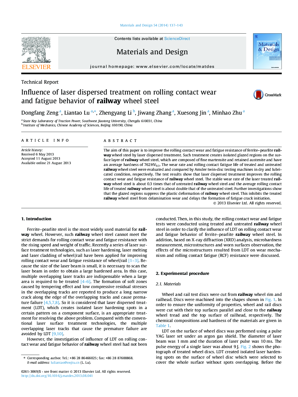 Influence of laser dispersed treatment on rolling contact wear and fatigue behavior of railway wheel steel