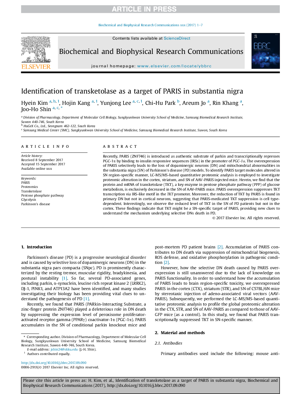 Identification of transketolase as a target of PARIS in substantia nigra