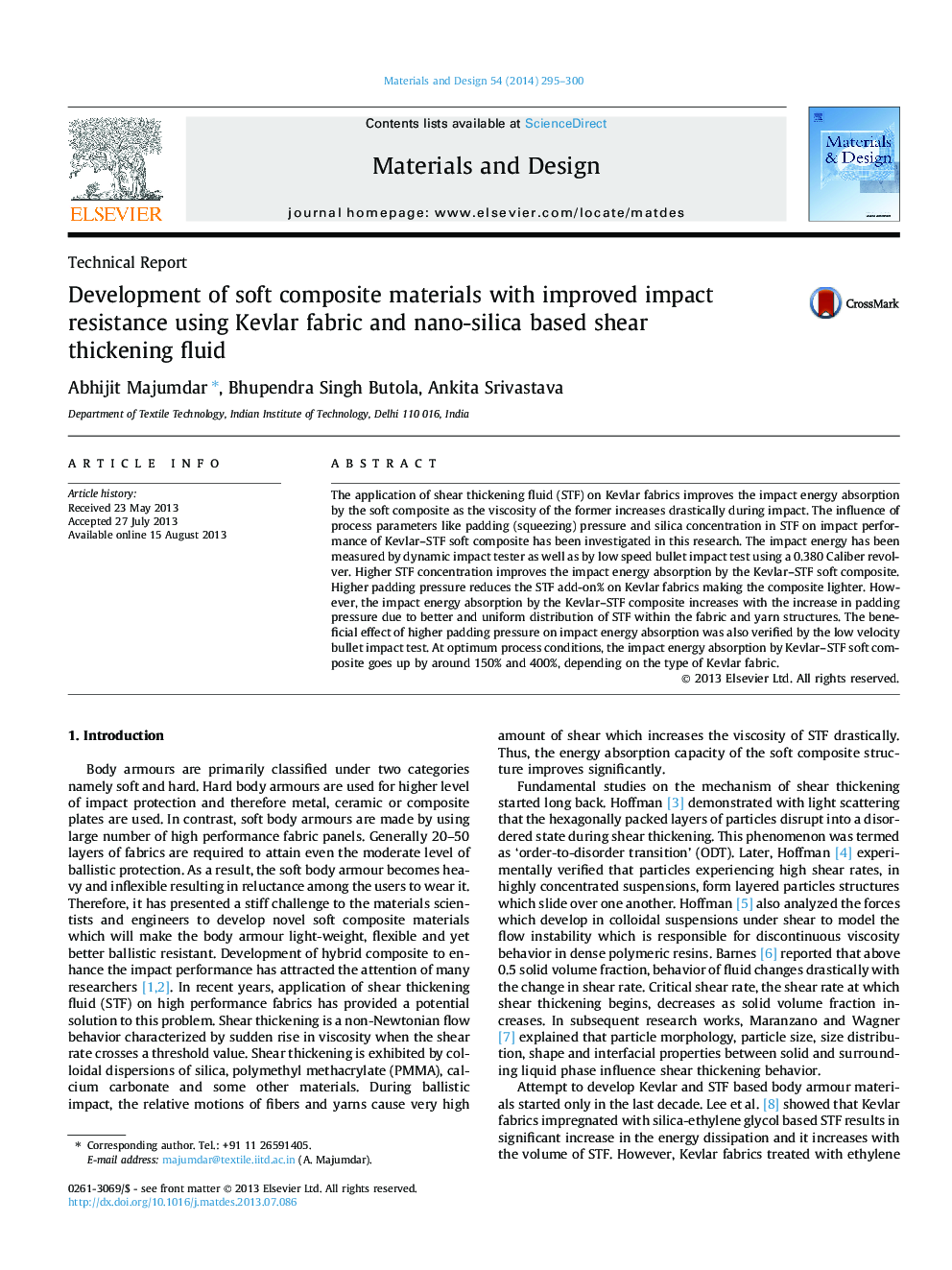 Development of soft composite materials with improved impact resistance using Kevlar fabric and nano-silica based shear thickening fluid