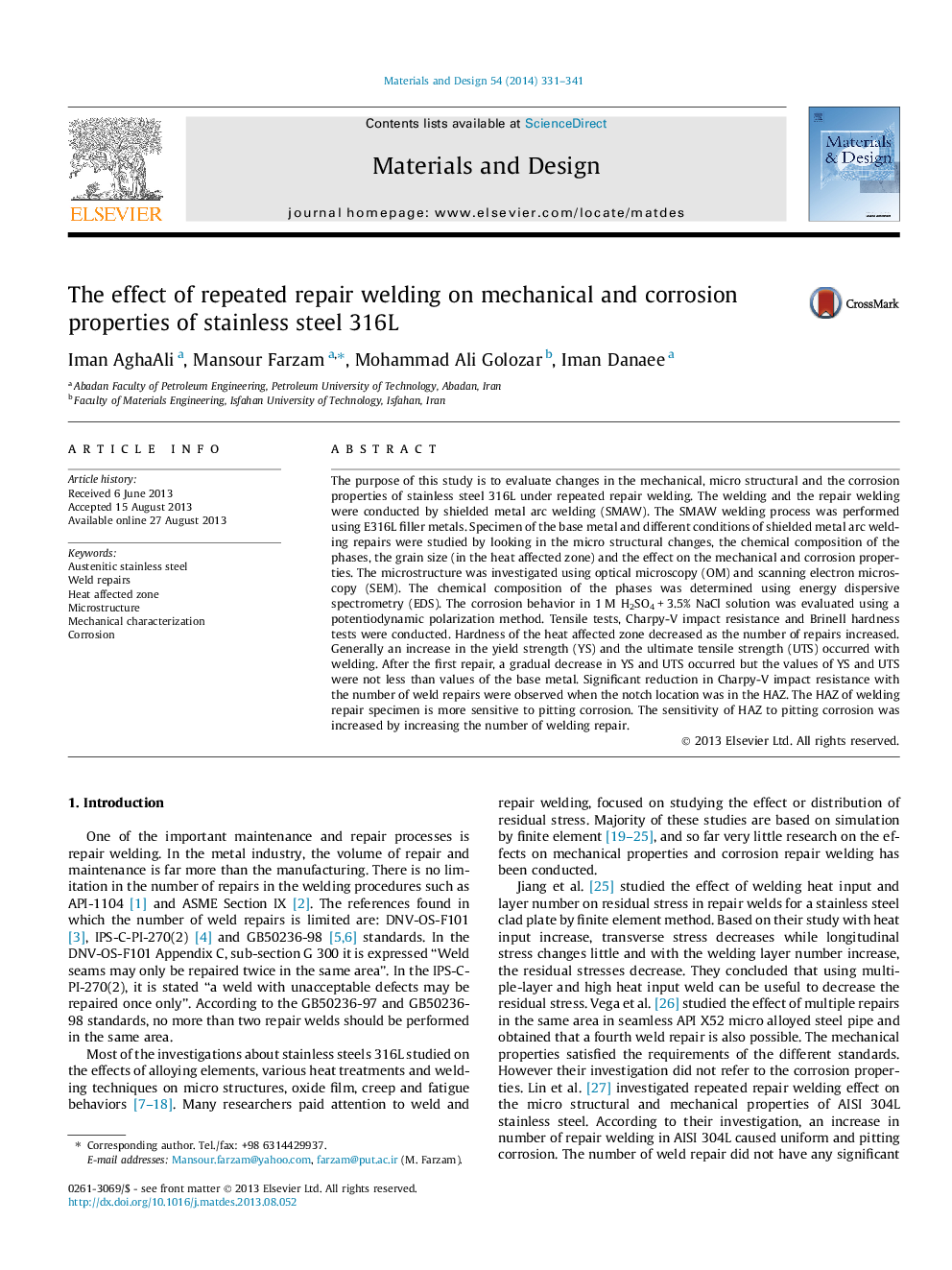 The effect of repeated repair welding on mechanical and corrosion properties of stainless steel 316L